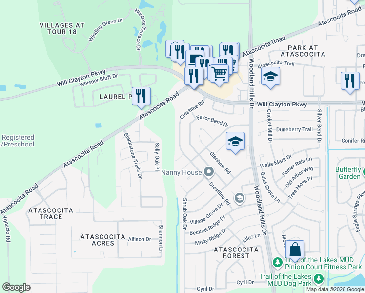 map of restaurants, bars, coffee shops, grocery stores, and more near 17526 Crestline Road in Humble