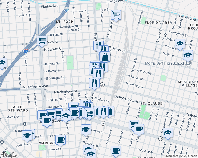 map of restaurants, bars, coffee shops, grocery stores, and more near 1625 Franklin Avenue in New Orleans