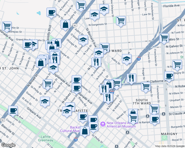 map of restaurants, bars, coffee shops, grocery stores, and more near 2021 Laharpe Street in New Orleans