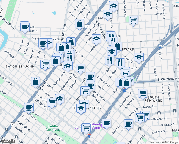 map of restaurants, bars, coffee shops, grocery stores, and more near 2123 Columbus Street in New Orleans