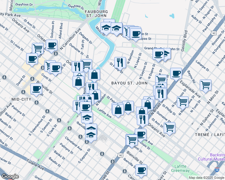 map of restaurants, bars, coffee shops, grocery stores, and more near 3100 Saint Ann Street in New Orleans