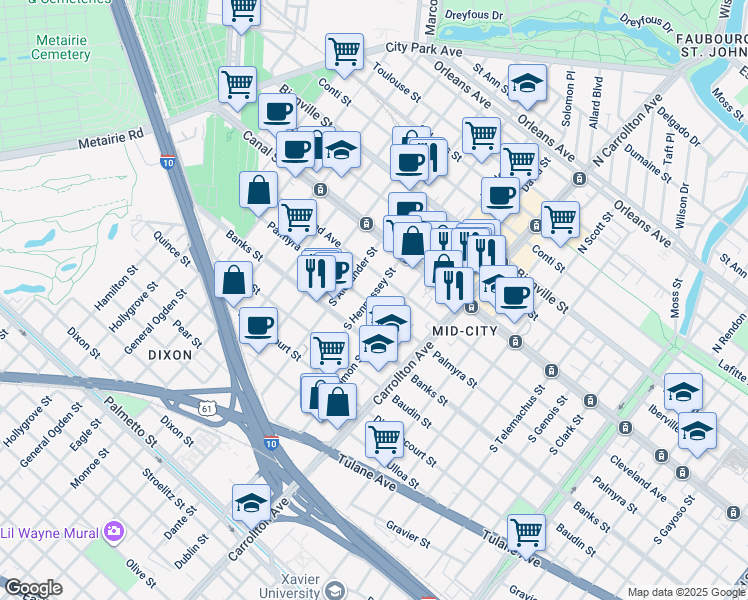 map of restaurants, bars, coffee shops, grocery stores, and more near 305A South Hennessey Street in New Orleans