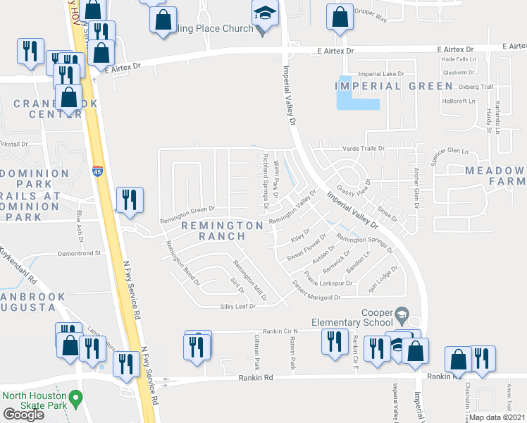 map of restaurants, bars, coffee shops, grocery stores, and more near 19313 Richland Springs Drive in Houston