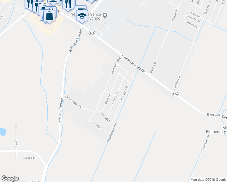 map of restaurants, bars, coffee shops, grocery stores, and more near 1417 Dehart Drive in New Iberia