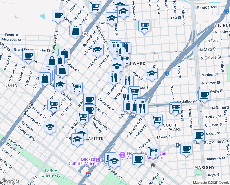 map of restaurants, bars, coffee shops, grocery stores, and more near 1912 Lapeyrouse Street in New Orleans