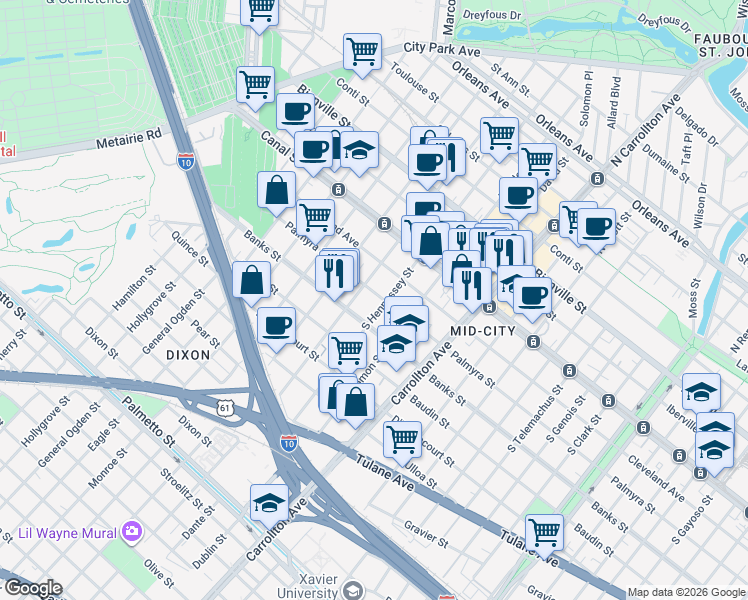 map of restaurants, bars, coffee shops, grocery stores, and more near 305A South Hennessey Street in New Orleans
