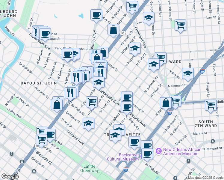 map of restaurants, bars, coffee shops, grocery stores, and more near 2275 Bayou Road in New Orleans