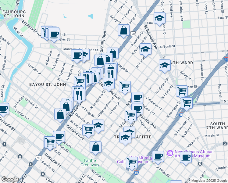 map of restaurants, bars, coffee shops, grocery stores, and more near in New Orleans