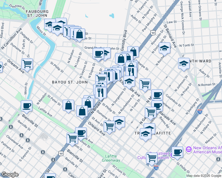 map of restaurants, bars, coffee shops, grocery stores, and more near 1202 North Broad Street in New Orleans