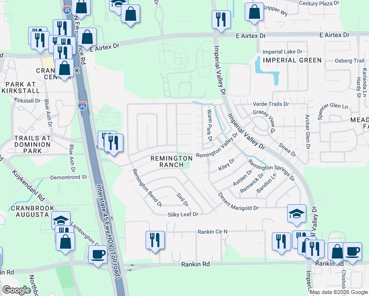 map of restaurants, bars, coffee shops, grocery stores, and more near 506 Remington Green Court in Houston