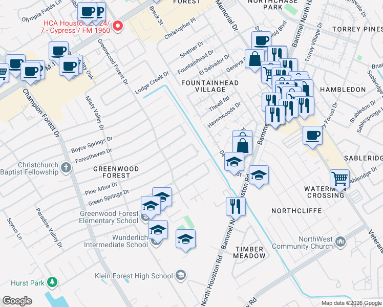 map of restaurants, bars, coffee shops, grocery stores, and more near 5114 Green Springs Drive in Houston
