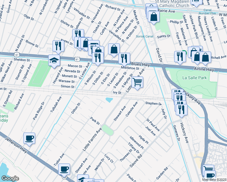 map of restaurants, bars, coffee shops, grocery stores, and more near 1305 South Meadow Street in Metairie