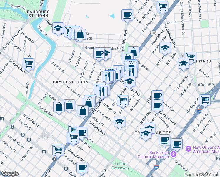 map of restaurants, bars, coffee shops, grocery stores, and more near 7 North Broad Street in New Orleans