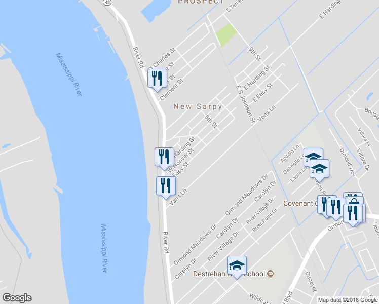map of restaurants, bars, coffee shops, grocery stores, and more near 306 West Hoover Street in Destrehan