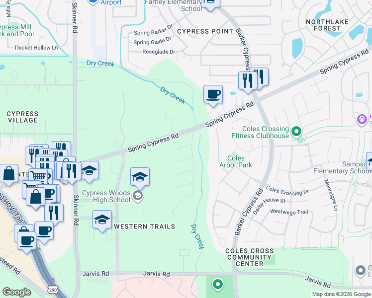 map of restaurants, bars, coffee shops, grocery stores, and more near 16502 Salt Grass Trail in Cypress