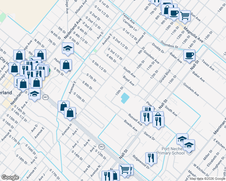 map of restaurants, bars, coffee shops, grocery stores, and more near 1413 Graham Ln in Port Neches