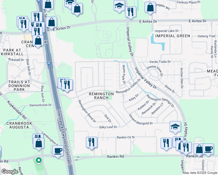 map of restaurants, bars, coffee shops, grocery stores, and more near 506 Remington Green Court in Houston