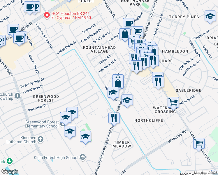 map of restaurants, bars, coffee shops, grocery stores, and more near 12210 De Forrest Street in Houston