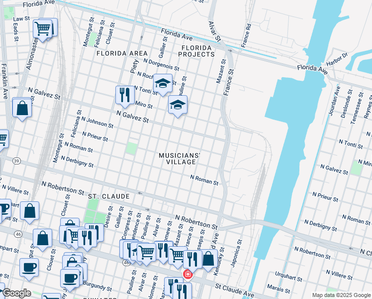 map of restaurants, bars, coffee shops, grocery stores, and more near 1924 Bartholomew Street in New Orleans