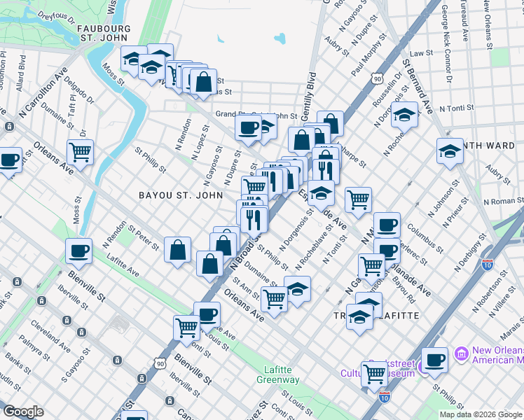 map of restaurants, bars, coffee shops, grocery stores, and more near in New Orleans