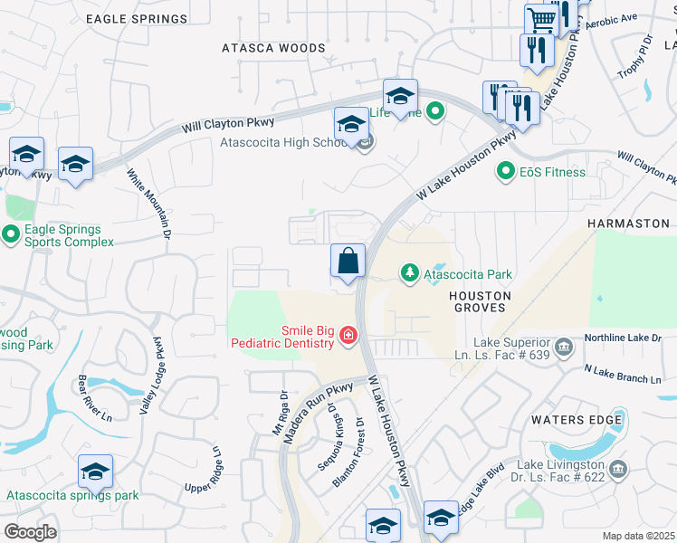 map of restaurants, bars, coffee shops, grocery stores, and more near 17401 West Lake Houston Parkway in Humble
