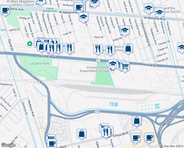 map of restaurants, bars, coffee shops, grocery stores, and more near 2633 Dawson Ave in Metairie