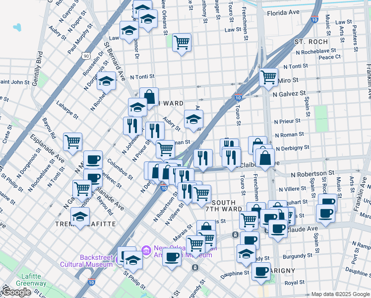 map of restaurants, bars, coffee shops, grocery stores, and more near 1710 Allen Street in New Orleans