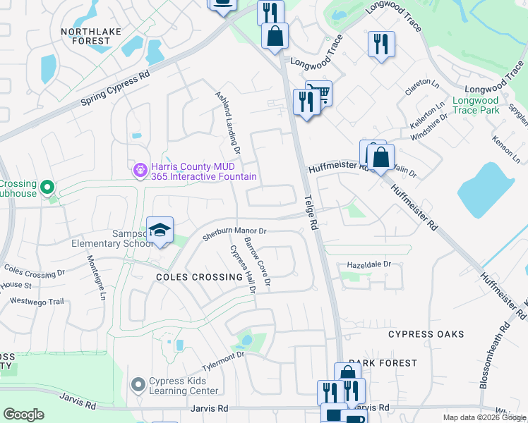 map of restaurants, bars, coffee shops, grocery stores, and more near 15911 Hurstfield Pointe Drive in Cypress