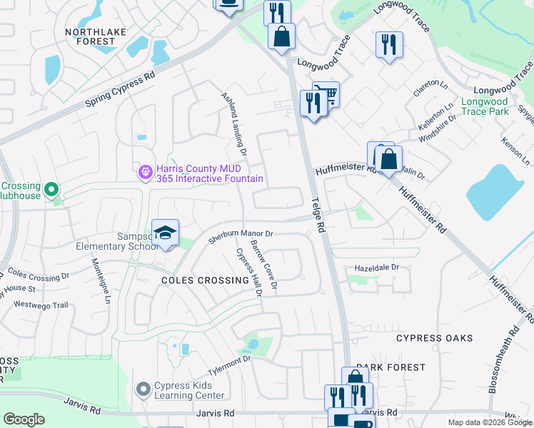 map of restaurants, bars, coffee shops, grocery stores, and more near 15911 Hurstfield Pointe Drive in Cypress