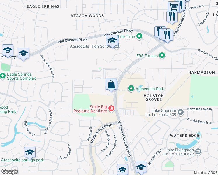 map of restaurants, bars, coffee shops, grocery stores, and more near 17401 West Lake Houston Parkway in Humble