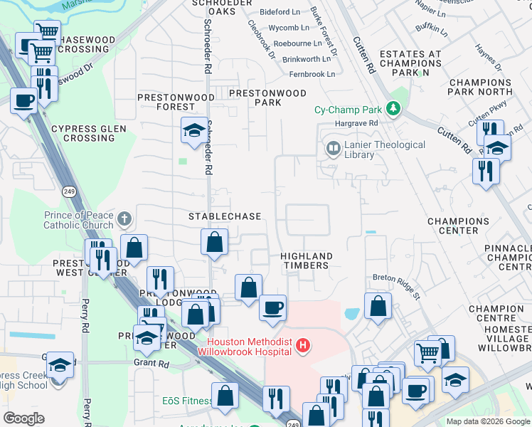 map of restaurants, bars, coffee shops, grocery stores, and more near 2 Bentley Park Court in Houston