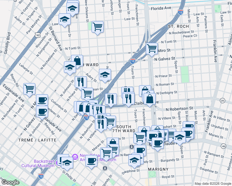 map of restaurants, bars, coffee shops, grocery stores, and more near 1711 Annette Street in New Orleans