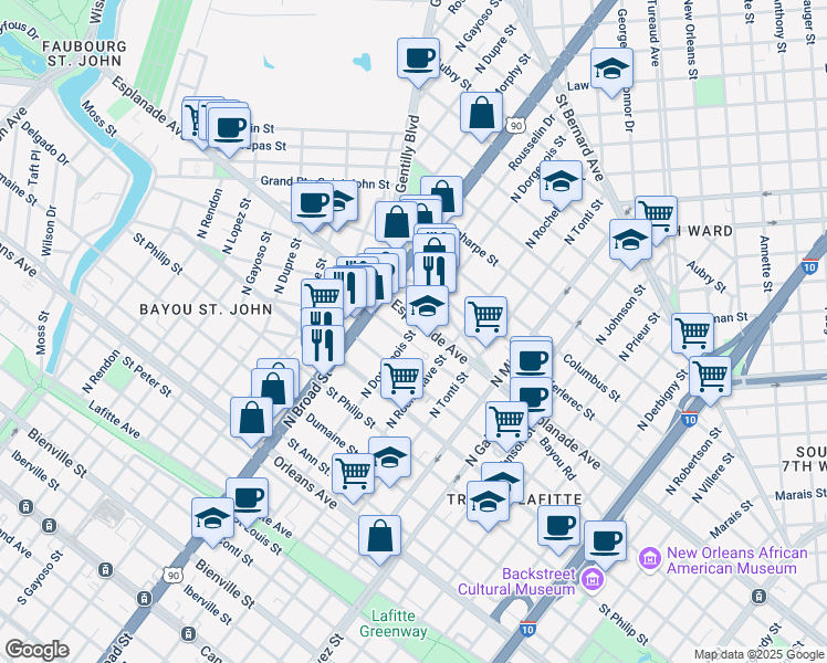 map of restaurants, bars, coffee shops, grocery stores, and more near in New Orleans