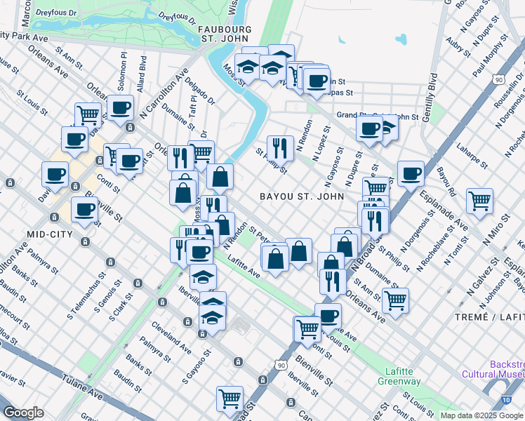 map of restaurants, bars, coffee shops, grocery stores, and more near 3100 Saint Ann Street in New Orleans