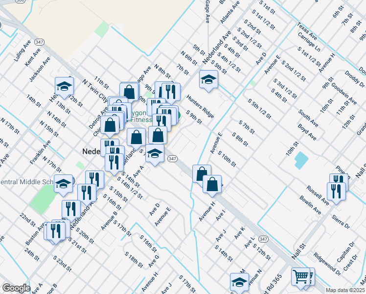 map of restaurants, bars, coffee shops, grocery stores, and more near 1003 Avenue B in Nederland