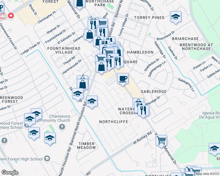 map of restaurants, bars, coffee shops, grocery stores, and more near 4338 Queens Retreat Drive in Houston