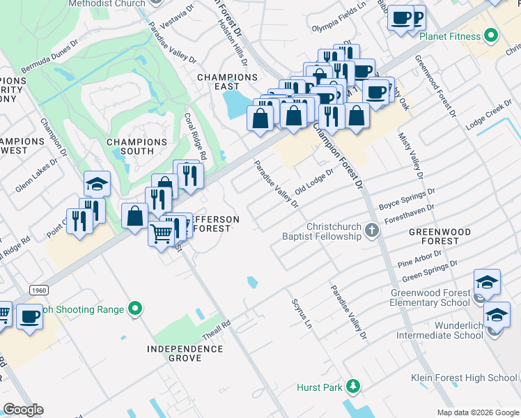 map of restaurants, bars, coffee shops, grocery stores, and more near 5931 Miller Valley Drive in Houston
