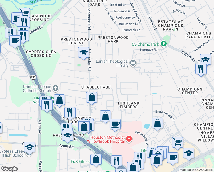 map of restaurants, bars, coffee shops, grocery stores, and more near 23 Bentley Park Court in Houston