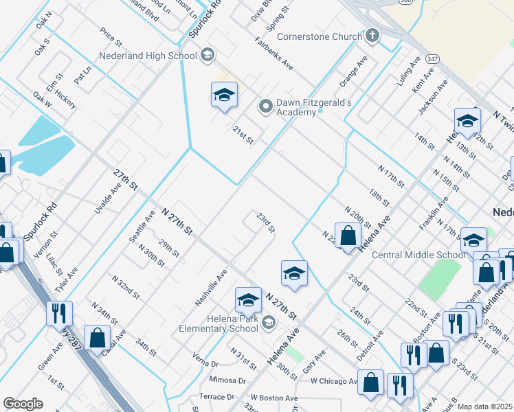 map of restaurants, bars, coffee shops, grocery stores, and more near 1416 23rd Street in Nederland