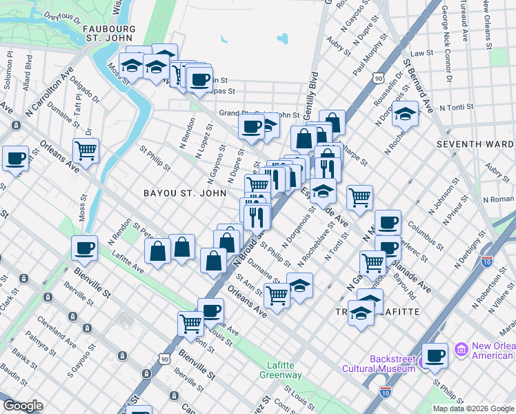 map of restaurants, bars, coffee shops, grocery stores, and more near 2734 Belle Chasse Street in New Orleans