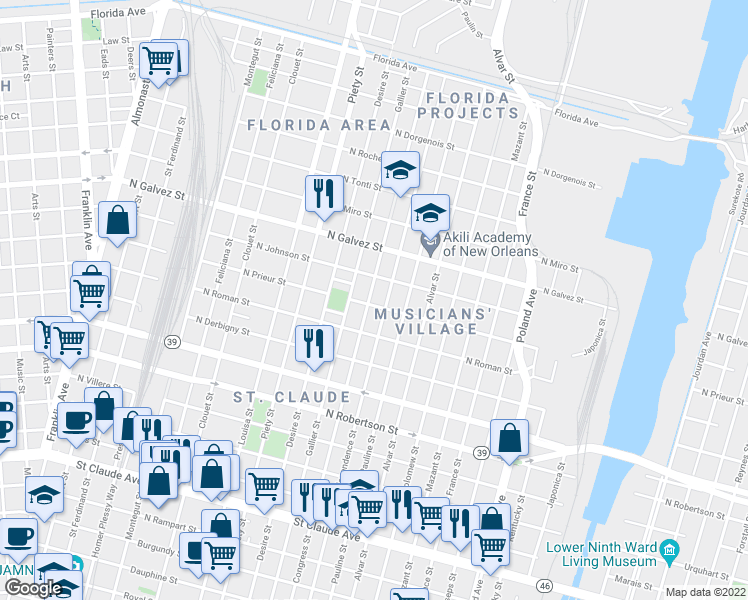 map of restaurants, bars, coffee shops, grocery stores, and more near 1842 Independence Street in New Orleans