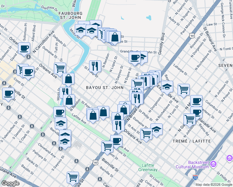 map of restaurants, bars, coffee shops, grocery stores, and more near 928 North Gayoso Street in New Orleans
