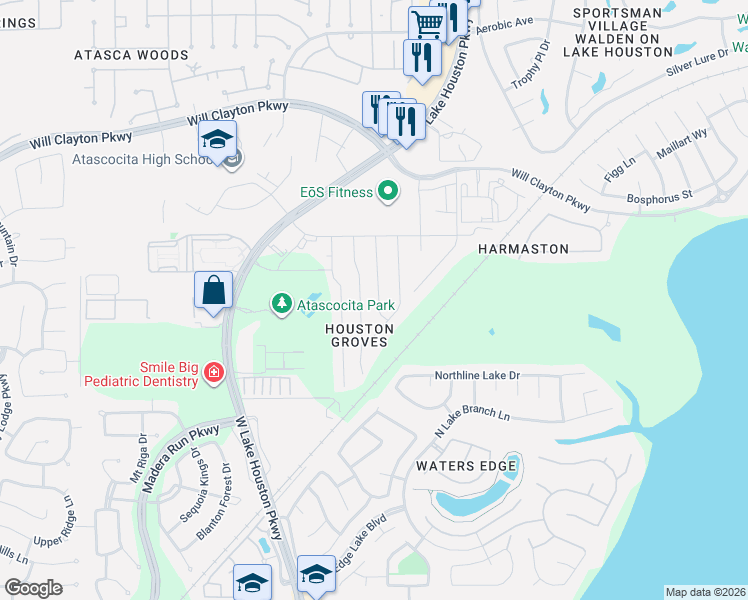 map of restaurants, bars, coffee shops, grocery stores, and more near 17503 Greystanes Road in Atascocita