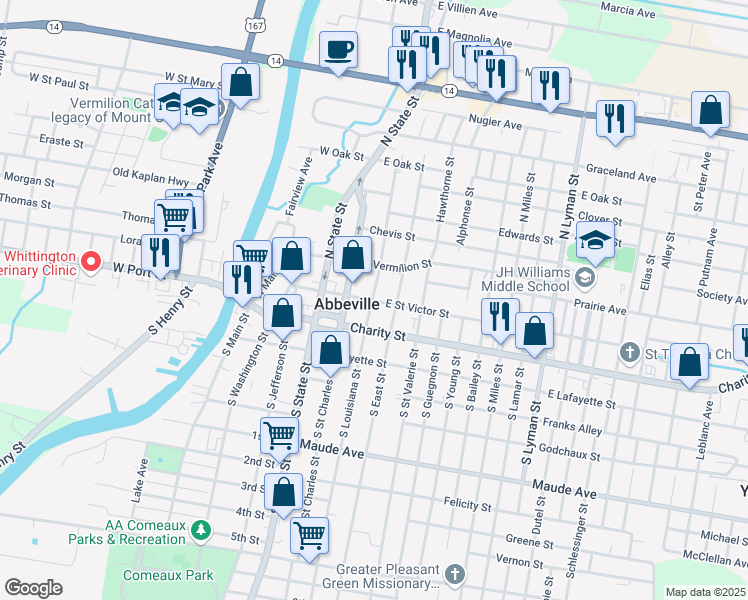 map of restaurants, bars, coffee shops, grocery stores, and more near 309 East Saint Victor Street in Abbeville