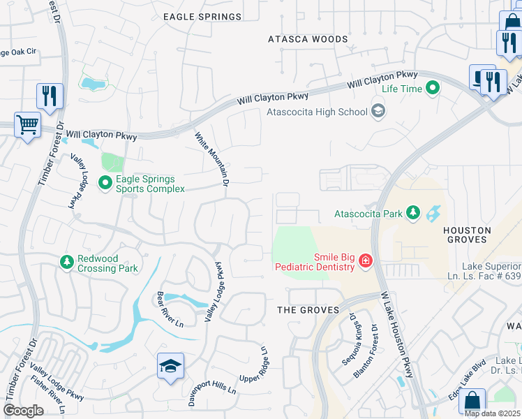 map of restaurants, bars, coffee shops, grocery stores, and more near 12918 Long Hunter Court in Humble
