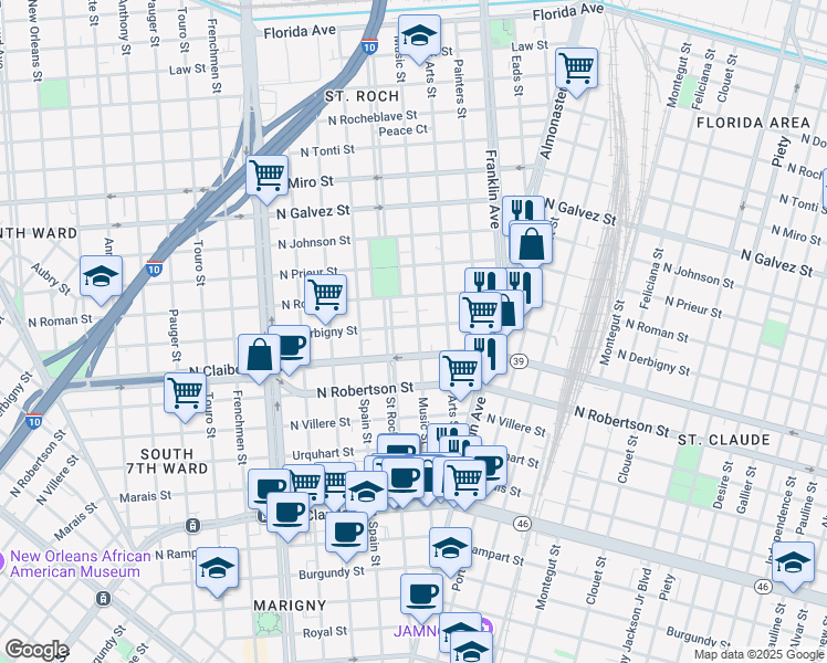 map of restaurants, bars, coffee shops, grocery stores, and more near 1638 Music Street in New Orleans