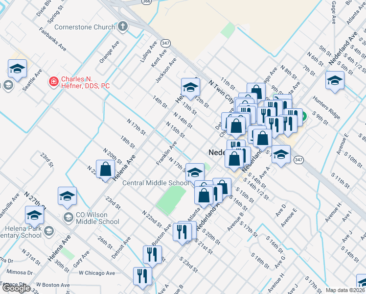 map of restaurants, bars, coffee shops, grocery stores, and more near 1523 Elgin Avenue in Nederland