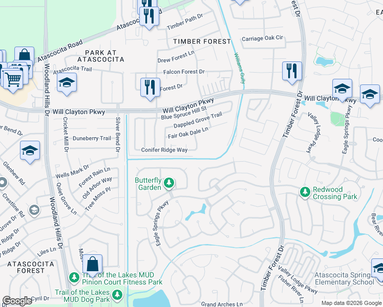 map of restaurants, bars, coffee shops, grocery stores, and more near 4938 Conifer Ridge Way in Humble