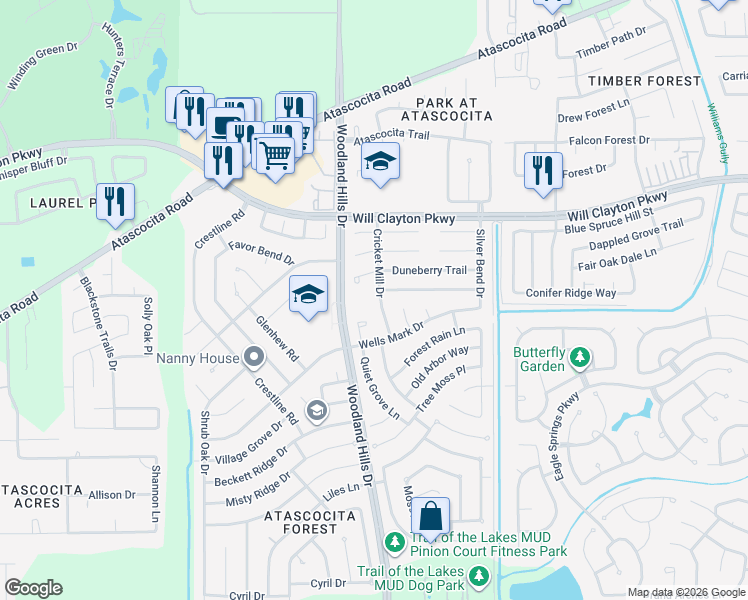 map of restaurants, bars, coffee shops, grocery stores, and more near 17331 Cricket Mill Drive in Humble