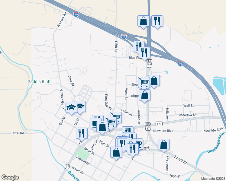 map of restaurants, bars, coffee shops, grocery stores, and more near 804 5th Street in Comfort